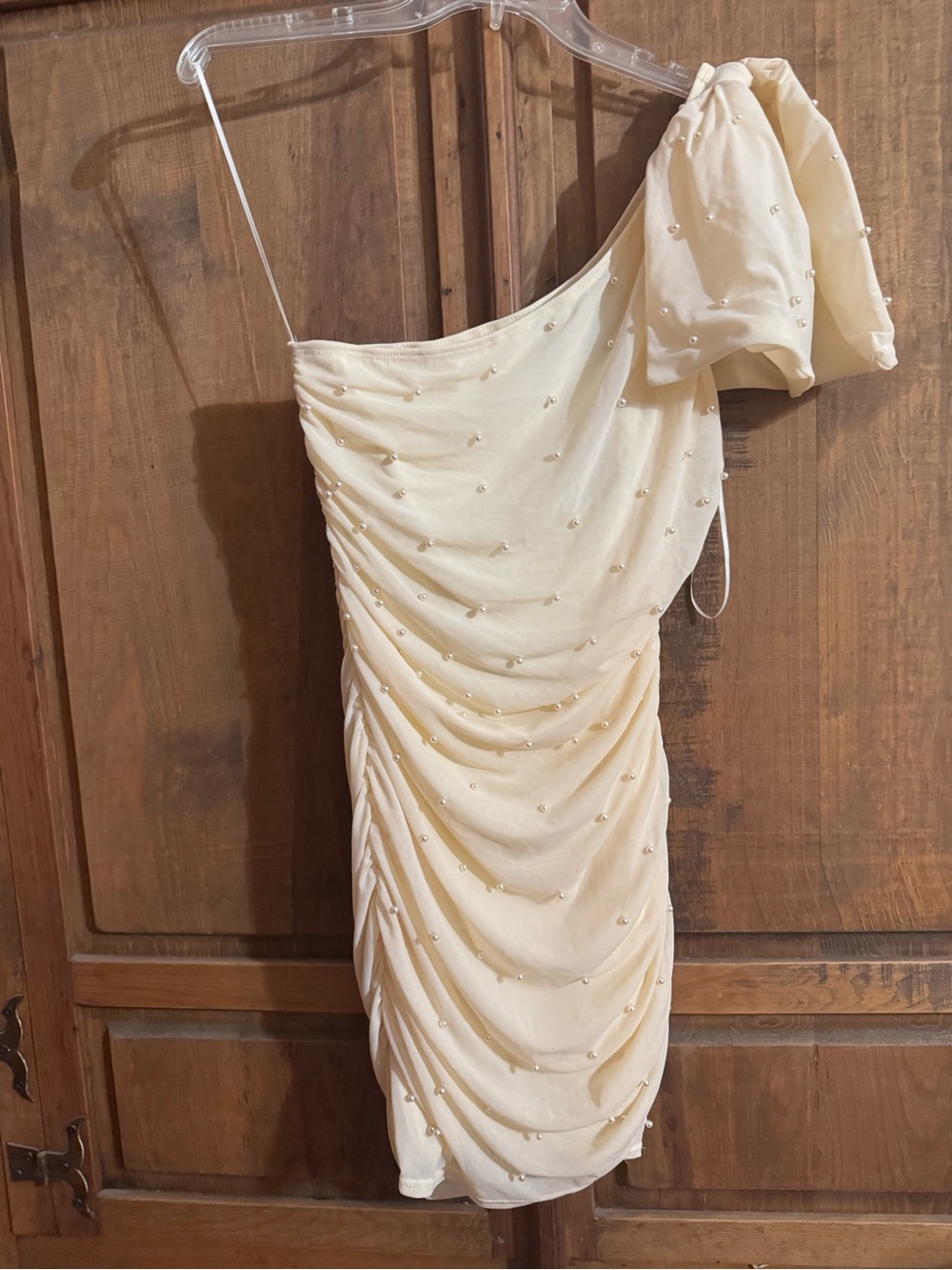 One-Shoulder Ivory Ruched Pearl-Embellished Dress